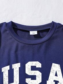 Conjunto de camiseta e shorts com estampa gráfica e letras para meninos pré-adolescentes, gola redonda, manga curta - Azul Real - Ver 3