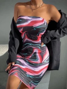 Women's Fashion Tie Dye Print Bodycon Strapless Mini Dress