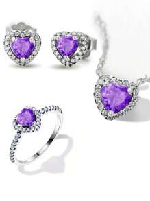 1pc/Set 925 Sterling Silver Purple Heart-Shaped Rhinestone Necklace Ring & Earring Set For Women Fine Jewelry Gift