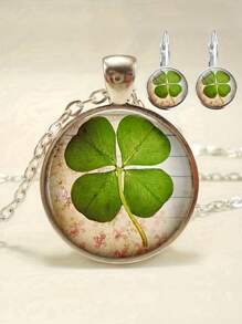 1 Set Vintage Fashion Time Gem Four Leaf Clover Glass Pendant Necklace Jewelry Set For Women - Multicolor - View 7
