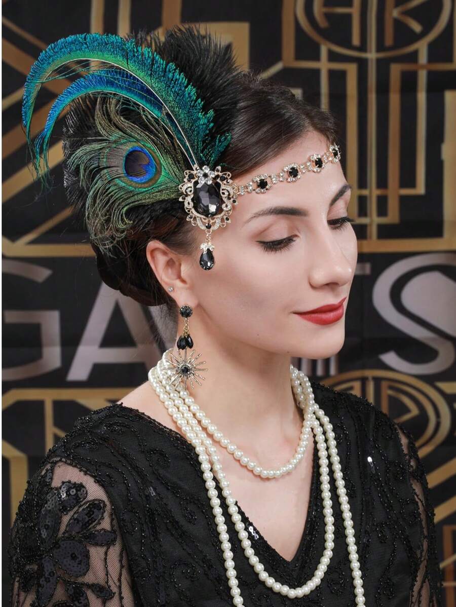 1920s Flapper Headpiece Roaring 20s Great Gatsby Headband - Black - View 1