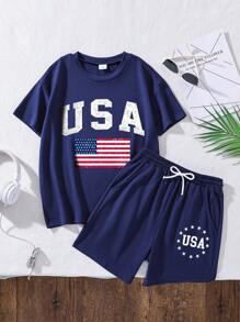 Conjunto de camiseta e shorts com estampa gráfica e letras para meninos pré-adolescentes, gola redonda, manga curta - Azul Real - Ver 1