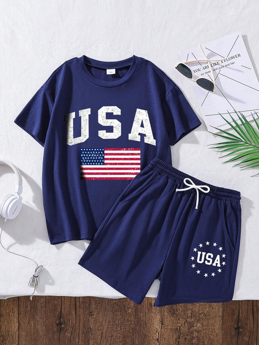 Conjunto de camiseta e shorts com estampa gráfica e letras para meninos pré-adolescentes, gola redonda, manga curta - Azul Real - Ver 1