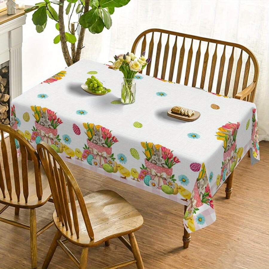 1 件复活节兔子和花卉图案桌布、小鸡和复活节彩蛋印花桌布、春季清新设计、室内外节日派对装饰、复活节装饰、送给家人和朋友的完美复活节礼物