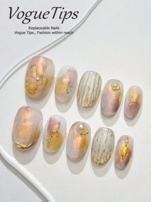 10 sztuk Lavender Jiu Beauty Nails XS/S/M/L Krótkie okrągłe do noszenia paznokcie, Eleganckie fantazyjne żółte kolory pochlebne, Ręcznie robione Premium krótkie paznokcie z gradientowymi kryształkami, Matowe krótkie, luźne, dociskane, do noszenia paznokcie, dociskane akrylowe paznokcie