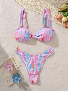 Women's Tie-Dye Asymmetrical Neon Beach Print All-Match Versatile Casual Swimwear, Slim Fit Two-Piece Bikini Set For Beach Resort - Multicolor - View 1