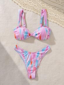 Women's Tie-Dye Asymmetrical Neon Beach Print All-Match Versatile Casual Swimwear, Slim Fit Two-Piece Bikini Set For Beach Resort - Multicolor - View 2