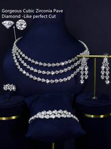 Set de 5 bijuterii de mireasă în stil regal de lux, include colier, brățară, cercei, inel, lucrat manual cu design de ciucuri cu frunze stratificate și zirconiu cubic, potrivit pentru purtare zilnică și nuntă, cadou de aniversare a nunții (ambalaj în cutie cadou) inclus