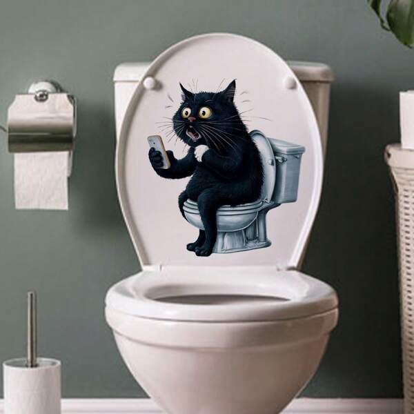 1pc 12"X12" PVC Gato Preto Sentado No Vaso Sanitário Design Adesivo de Vaso Sanitário, Decoração de Banheiro e Banheira