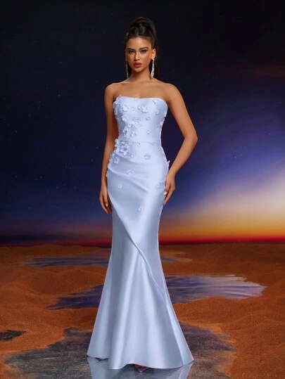 Anymoon 3D Hand Floral Ruffle Trim Mermaid Bridesmaid Dress