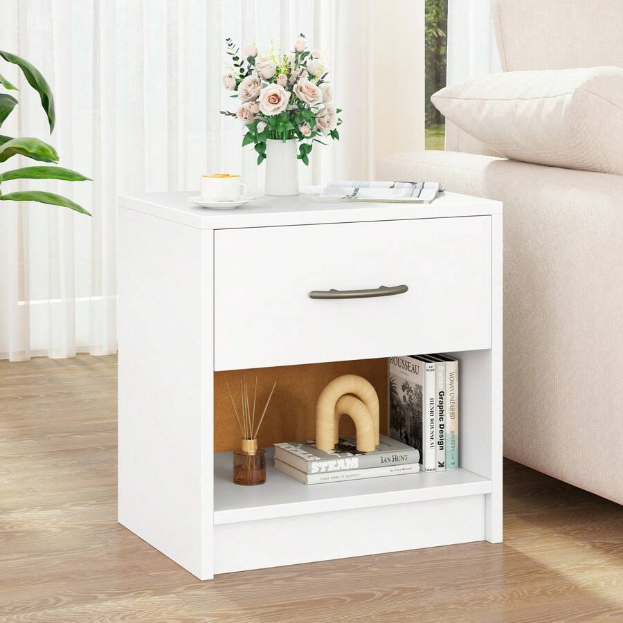 Lifezeal Modern Nightstand Bedside Table With Drawer Open Storage Shelf For Small Spaces Light Gray/Oak&White/Natural&White/Natural/White/Dark Gray - 白色 - 查看 1