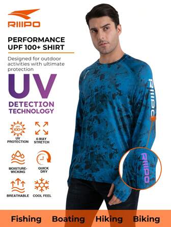  Spring And Summer RIIIPO Men's UPF 100+ Sun Protection Shirt With UV Detection Technology, Performance Fishing Shirt, Round Neck, Active Sweat Wicking, Rapid Drying, Breathable, 4-Way Stretch, Light Weight, Wrinkle Resistant, Extended Long Sleeves, Outdoor Sports Rash Guard, Thumbholes, Built-In Microfiber Lens Cleaner, Suitable For Beach, Boating, Hiking, Hunting, Water Sports