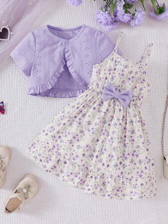 年轻女孩针织镂空短款短上衣搭配花卉印花连衣裙 2 件套，休闲，春夏