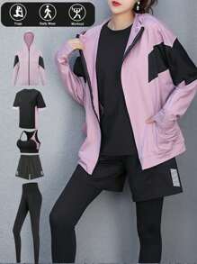 5pcs Women Sports Suit Set: Oversized Batwing Hoodie + Loose Sports T-Shirt + Sports Bra + Outdoor Pants + Loose Shorts