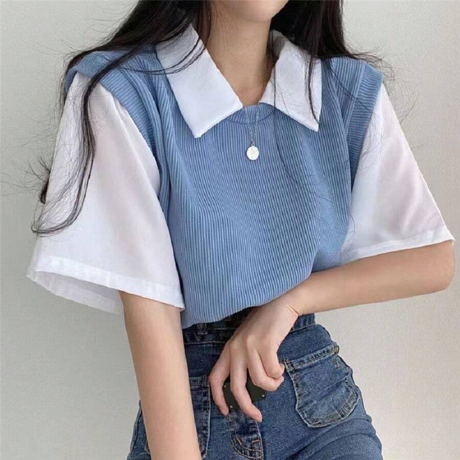 Elegant Fashion Blouses, Casual Short Sleeve Tops, Women's Polo Neck T-Shirt, Women's Blouses, Blue, Almond, Black - 藍色 - 查看 1