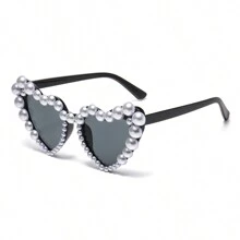 Óculos da Moda para Mulheres com Pedras Strass em Forma de Coração e Pérolas Falsas, Adereços para Fotos na Praia, Estilo Europeu e Americano para Férias de Verão na Praia, Ao Ar Livre, Viagem