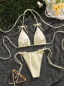 Solid Color Tie Bikini Set, Women Sexy Beach Swimwear Set, For Summer Vacation