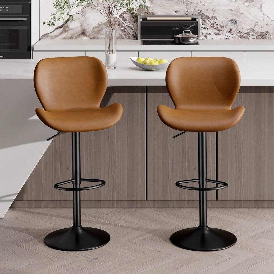 Nalupatio Wivel Bar Stools Set Of 2/4,PU Leather Upholstered Barstools With Back & Footrest, Seat Adjustable Height 22.2-31IN Counter Height Bar Chairs For Bar Kitchen Island - 棕色2件套 - 查看 1