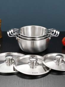 3 Stücke/Set Edelstahlpfannen-Set in Silber (beinhaltet 3 verschiedene Größen - kleine Größe kann als Reisspatel-Topf, Babynahrung-Topf usw. verwendet werden, mittlere Größe kann als Nudeltopf, Suppentopf für zwei verwendet werden, große Größe kann als Familien-Suppentopf und kleiner Fonduetopf verwendet werden)