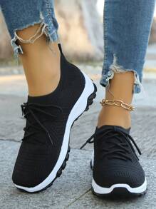 1 Pair New Black Lace-Up Breathable Non-Slip Women's Sports Shoes, Suitable For School, Running, Casual, Work, Workout, Hiking, Party, Hangout, Dating, Versatile Lightweight Low-Top Sneakers