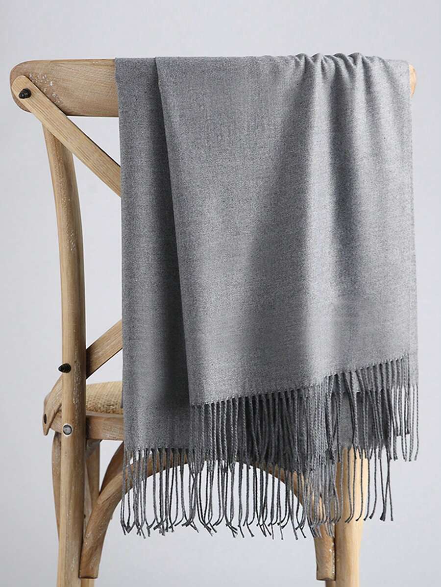 1pc Women Solid Color Thin Light Grey Tassel Faux Cashmere Warm Versatile Plus Size Scarf, Elegant Lightweight Shawl Soft Warm Windproof Hijab Scarf, Suitable For Daily Outings, Gatherings, Dates