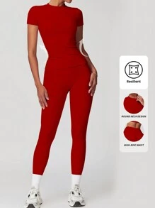 Yefecy Bộ đồ thể thao 2/4 Counts dành cho nữ, áo phông cổ tròn trơn và quần legging cạp cao, áo phông thể thao thoải mái và quần bó để tập luyện yoga tại phòng tập, đồ thể thao mùa hè cho nữ khi trở lại trường, đồ thể thao cho nữ, trang phục cho cô gái trung tâm thành phố phong cách mùa xuân và mùa hè - Đỏ - Xem 2