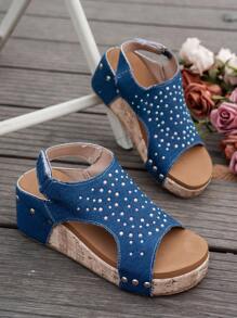 女士夏季新款厚底坡跟凉鞋，蓝色时尚水钻铆钉圆头舒适轻便厚底增高复古休闲鞋 - 藍色 - 查看 2