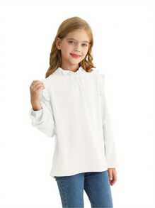 Girls' Fashionable Multi Colored Ruffled Long Sleeved High Neck Top, Suitable For Girls Aged 6-15/Woven/Spring/Summer/Autumn - White - View 2