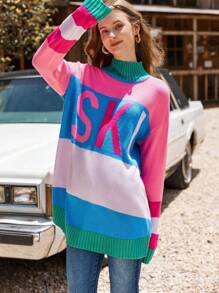 Women's 2024 Fall Winter Oversized Color Block Ski Sweaters: Cozy Crewneck Tops In S - 2XL - Màu Hồng Tươi - Xem 1