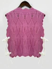 Women Y2K Ribbon Bowknot Solid Color Sweater Vest Sleeveless Knitwear With Bows Casual Lace Up Bandage Crochet Pullover Top Going Out Streetwear Fit Eyelet Loose Aesthetic Tank, Spring Summer Fall