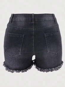 Women's Elastic Frayed Ripped Denim Shorts, Summer - Black - View 4