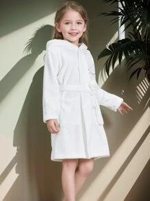 1pc Solid Color Hooded Flannel Kid's Robe (With Belt), Bathrobe, Homewear
