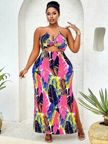 Plus Size Summer Metal Chain Twisted Waist-Revealing High-Slit Printed Dress Boho Bohemian Vacation - Color - View 4