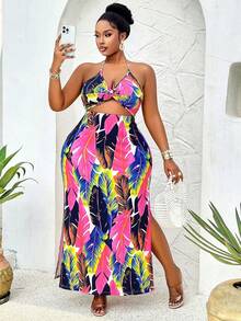 Plus Size Summer Metal Chain Twisted Waist-Revealing High-Slit Printed Dress Boho Bohemian Vacation - Color - View 7