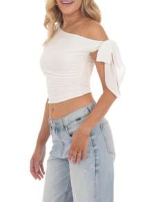 Womens Y2K Off Shoulder Tank Tops Sleeveless Solid Color Ruched Crop Tops Slim Fit Summer Shirts - White - View 4
