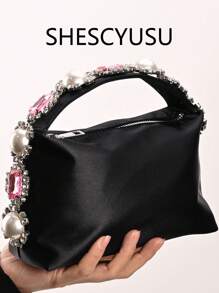 Bolsa de noite elegante para senhoras, bolsa de noite com strass em forma de lágrima de pérola falsa, bolsa de mão retrô de cetim, bolsa de festa de celebridades, leve e portátil, em formato de caixa de bento, corrente removível, adequada para uso diário ou festa à noite, bolsa para mulheres elegante, luxo