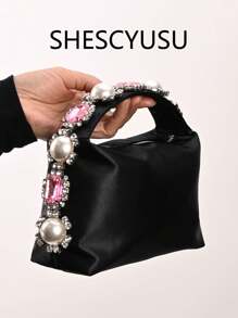 Bolsa de noite elegante para senhoras, bolsa de noite com strass em forma de lágrima de pérola falsa, bolsa de mão retrô de cetim, bolsa de festa de celebridades, leve e portátil, em formato de caixa de bento, corrente removível, adequada para uso diário ou festa à noite, bolsa para mulheres elegante, luxo