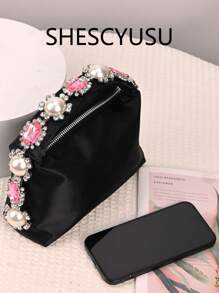 Bolsa de noite elegante para senhoras, bolsa de noite com strass em forma de lágrima de pérola falsa, bolsa de mão retrô de cetim, bolsa de festa de celebridades, leve e portátil, em formato de caixa de bento, corrente removível, adequada para uso diário ou festa à noite, bolsa para mulheres elegante, luxo