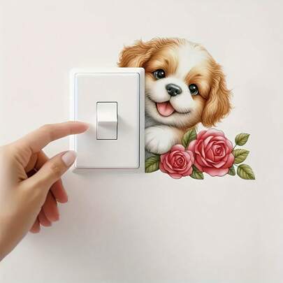 1 Piece Cute Puppy And Rose Wall Sticker - Modern Style, Geometric Pattern Vinyl Sticker, Plastic Surface, Single Use, Animal Theme, Rectangular, Smooth Surface, Removable, Self-Adhesive, No Electricity Or Batteries Required - Suitable For Bedroom And Bathroom Decoration, Switch Sticker Gifts Birthday Graduation Stickers Personalised Stickers