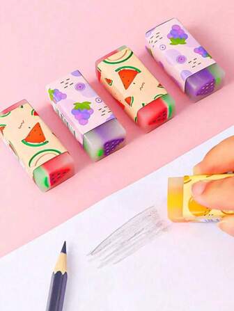 3 stuks schattige en creatieve gummen in de vorm van fruit, nieuwigheid, schoolbenodigdheden, perfect cadeau voor studenten/sommige accessoires, kleuren, geschreven woorden, patronen, vormen zijn willekeurig, terug naar school