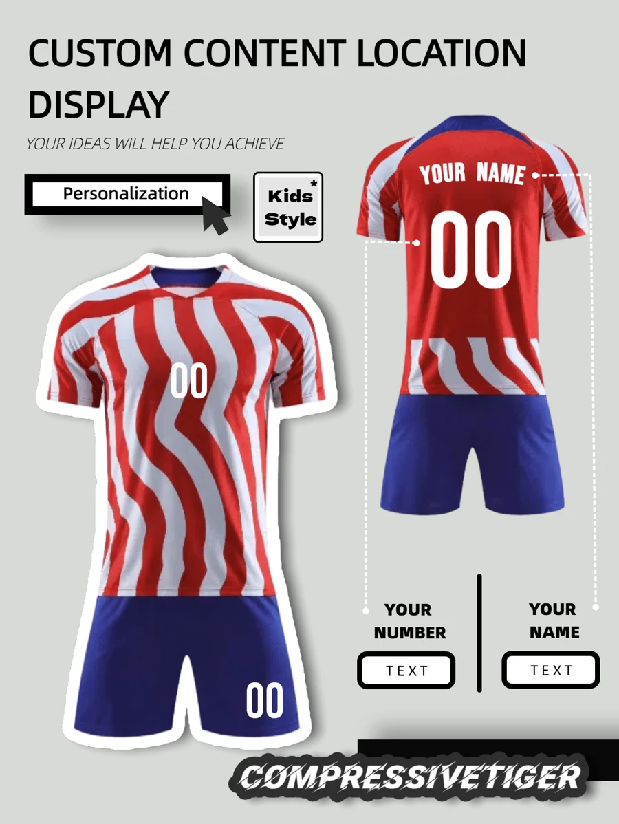 2pcs Boy's Personalized Soccer Jersey - Customizable Name And Number Print Stripe Decor Short Sleeve T-Shirt + Shorts Co-Ord Quick-Drying Sweat-Absorbing Sports Set As Gift - Red and White - View 1