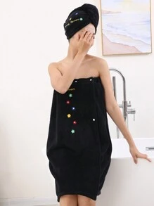 2 chiếc áo choàng tắm thêu nơ mềm mại và ấm áp cho nữ và mũ tắm, quà tặng ngày lễ tình nhân cho phụ nữ sinh nhật bạn trai bạn gái mùa hè đám cưới trang trí phòng tắm tại nhà trở lại trường - Bộ 2 món thêu màu đen - Xem 2