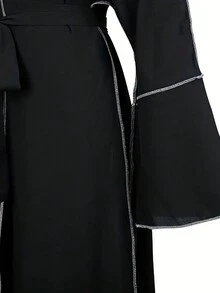 Ramadan Contrast Trim V-Neck Belted Abayas, Elegant Flare Sleeve Maxi Length Dress, Women's Clothing,Modest - Black - View 4