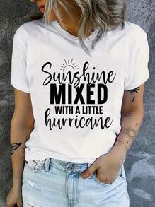 Camiseta de algodón 100% con citas sarcásticas divertidas "Sol mezclado con un poco de huracán", Camiseta de mujer de Navidad de algodón pesado de 220g (1 pieza) - Blanco - Ver 1