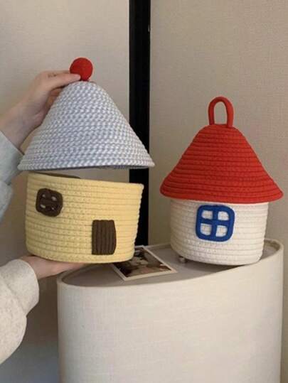 1set Cartoon House Shape Rope Woven Storage Basket With Lid Large Capacity Cute Bedroom Storage Toy Baskets Dustproof Storage