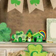 1Set St. Patrick Day Green Farmhouse Wooden Tabletop Decorations Sign Table Centerpiece Lucky Clover Coins Jar Green Shamrock Rainbow Sign For Farmhouse St. Patrick Day Theme Party Decor Dinner Party Coffee Bar Irish Table Topper Decor