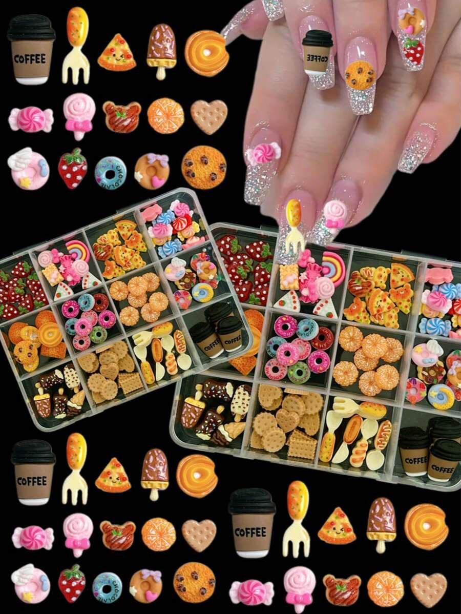 1 盒混合甜点系列仿真冰淇淋、巧克力、饼干、甜甜圈、面包、糖果、草莓、橙子假食品美甲 DIY 配件套装 - 彩色 - 查看 1