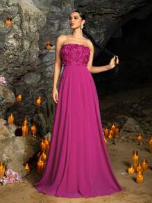 Faeriesty 3D花卉贴花露肩晚礼服，拖地雪纺廓形——适合婚礼和高端派对的春夏礼服