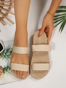 Dép quai đôi kaki quai đàn hồi cho nữ, trang phục ngoài trời thời trang mùa hè, đế dây vải lanh, dép quai La Mã - Màu be - Xem 2