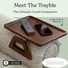 Couch Arm Table,Sofa Arm Clip Table,Bamboo Trayble Couch Arm Table, Clip On Tray Sofa Table For Couches. Sofa Arm Tray, Armchair Table For TV Dinners, Remotes, Drinks And Snacks, Brown - Brown - View 3